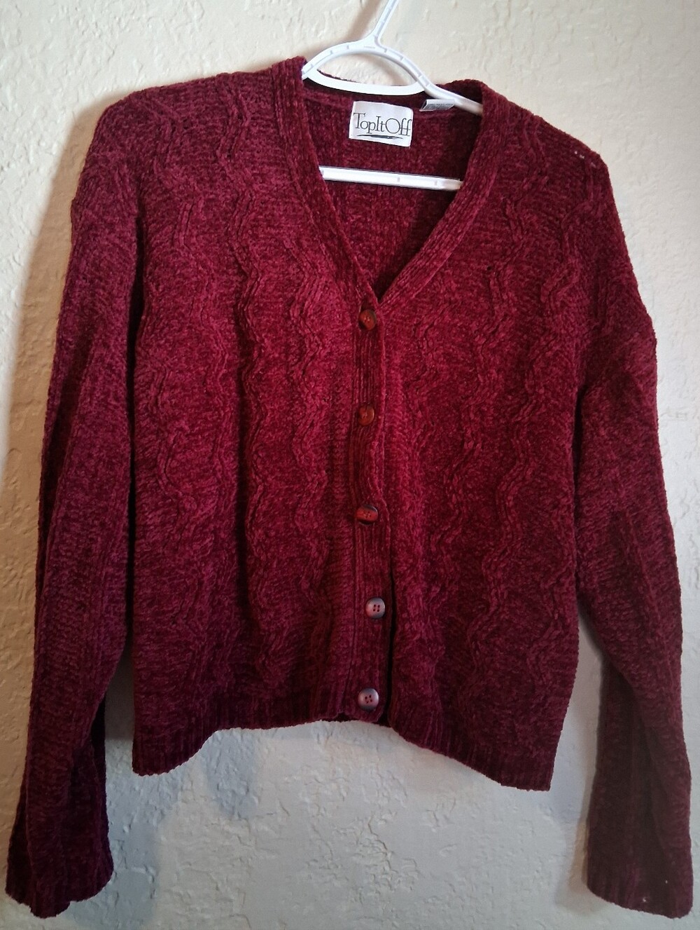 Vintage Women's Cable Knit Button-Up Chenille Cardigan - Wine Red SZ Med